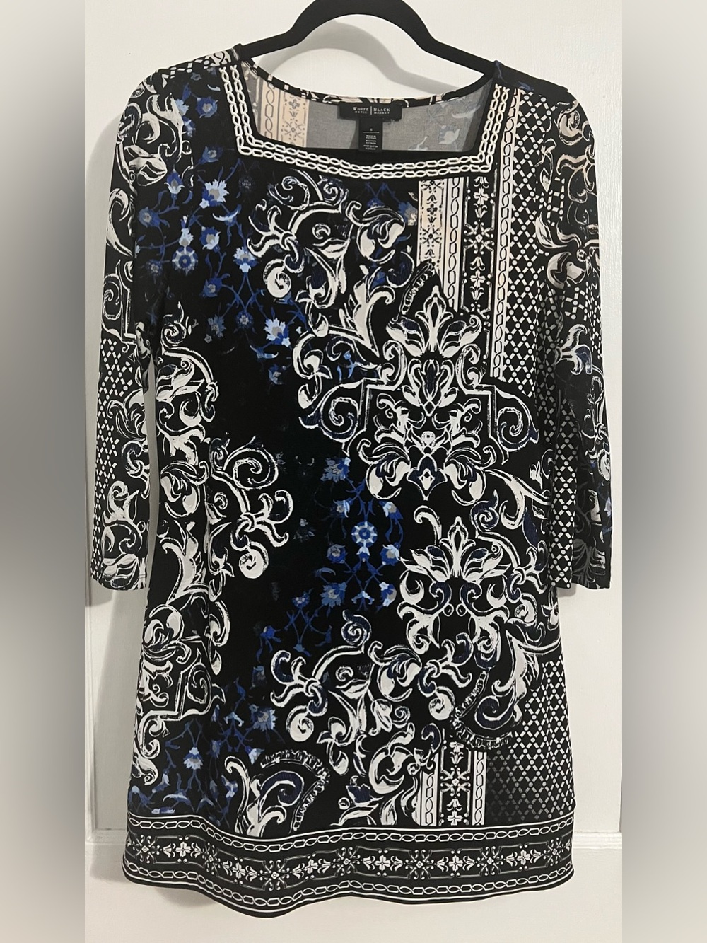 WHBM Black, White & Blue Scroll Print Square Neck Dress